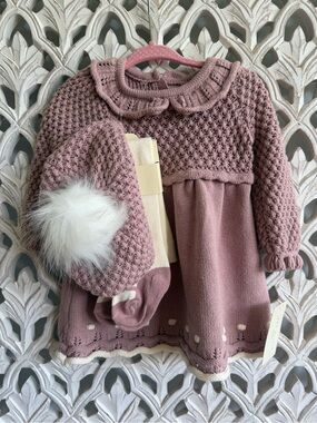 NWT, Max Studio Mauve Pink Knit Dress, Socks and Pom Hat Set, 3-6M
